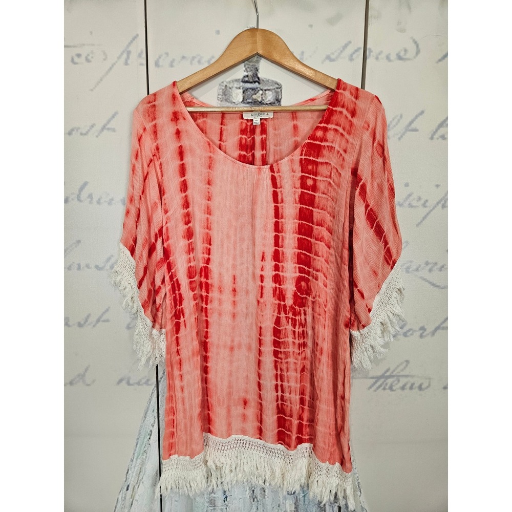 Umgee Red Tie Dye Crochet Fringe‎ Boho Tunic Top Womens 1XL WA1150